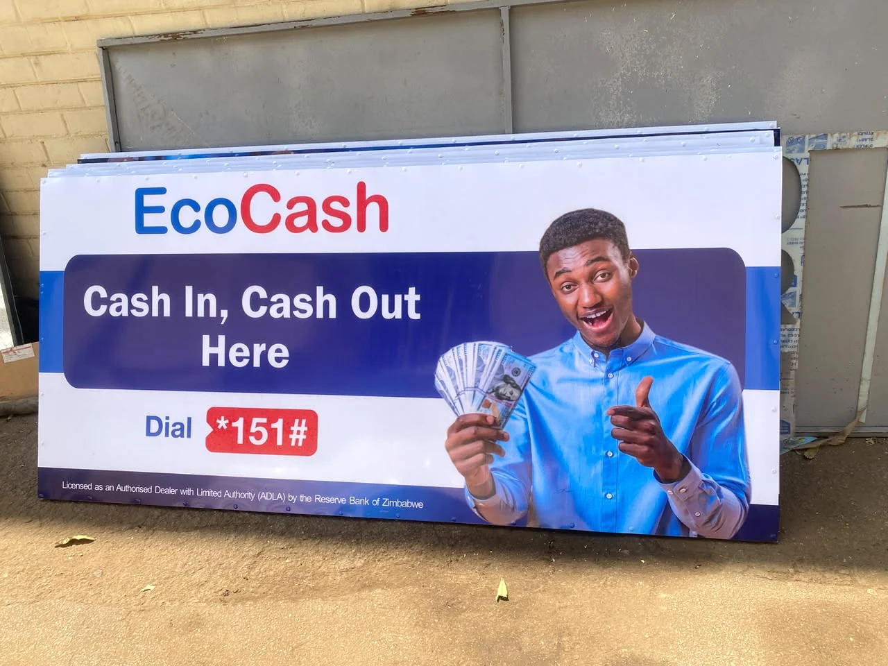 EcoCash Cash In, Cash Out Here sign boards ready for installation